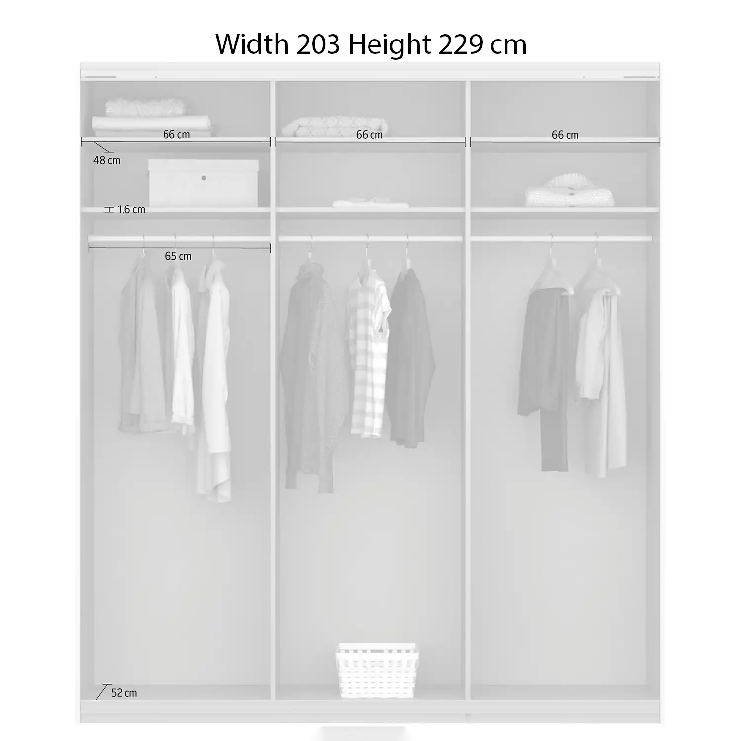 "Rauch Forms Decor Sliding Door Wardrobe in White, Available in 203cm and 271cm Width, 210cm and 229cm Height, 3 Sliding Doors, 62cm Depth, Free Assembly Included" - Interior dimension Details Width 203 Height 229 cm