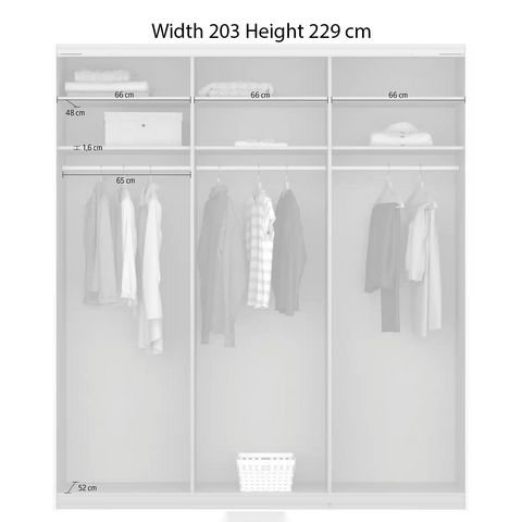 "Rauch Forms Decor Sliding Door Wardrobe in White, Available in 203cm and 271cm Width, 210cm and 229cm Height, 3 Sliding Doors, 62cm Depth, Free Assembly Included" - Interior dimension Details Width 203 Height 229 cm