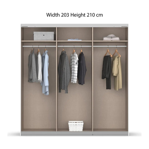 "Rauch Forms Decor Sliding Door Wardrobe in White, Available in 203cm and 271cm Width, 210cm and 229cm Height, 3 Sliding Doors, 62cm Depth, Free Assembly Included" - Interior Details Width 203 Height 210 cm