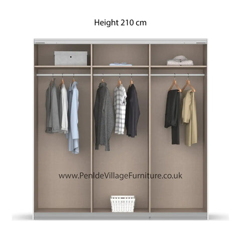 Rauch Forms 3 Door Sliding Wardrobe in Alpine White with Middle Mirror door and White Handles. Available in Small (203cm) and Large (271cm) widths, with options for 210cm or 229cm height. Designed for bedroom storage with customisable interior Pendle Village Furniture Wardrobes - Interior Details for Height 210cm