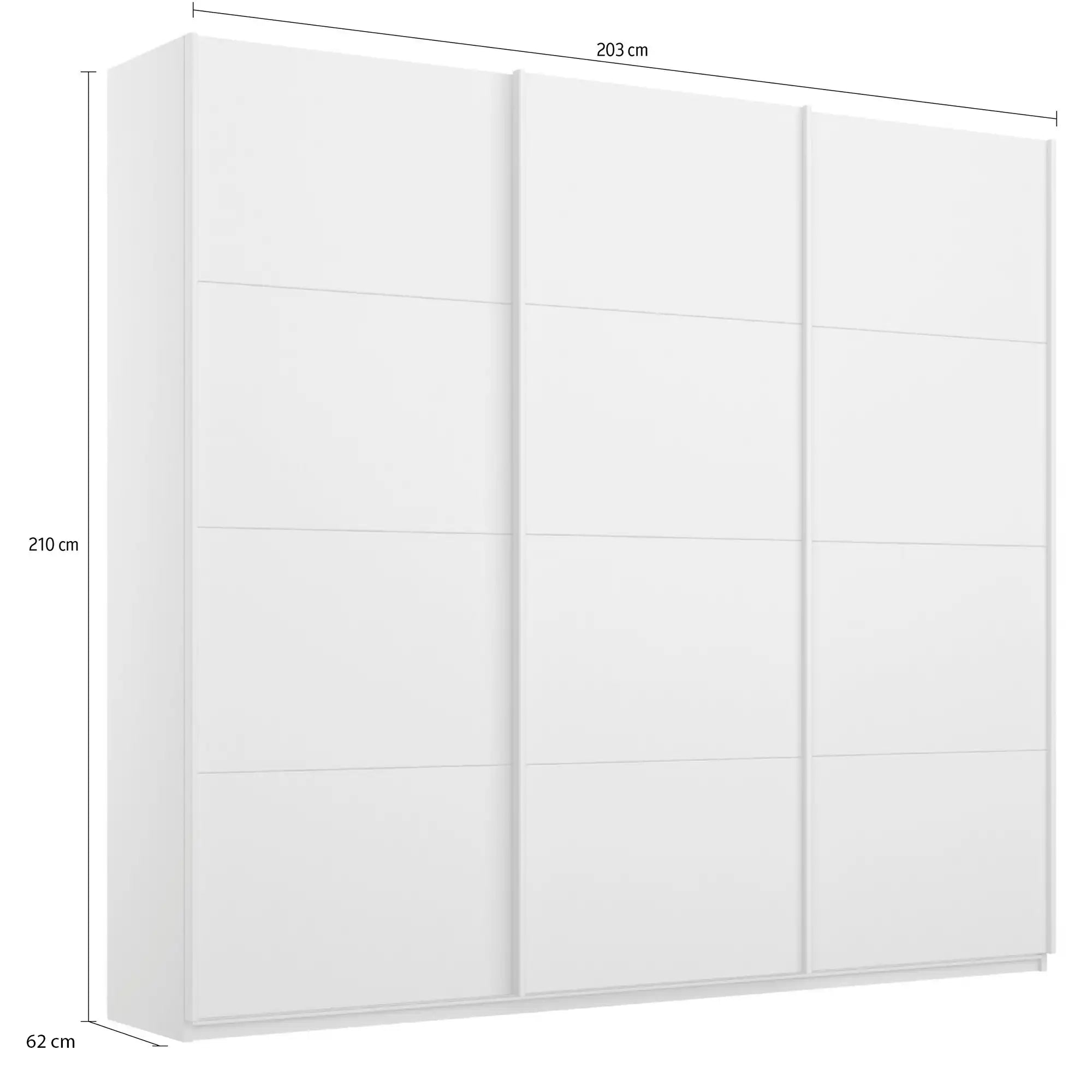 "Rauch Forms Decor Sliding Door Wardrobe in White, Available in 203cm and 271cm Width, 210cm and 229cm Height, 3 Sliding Doors, 62cm Depth, Free Assembly Included" - Dimensions