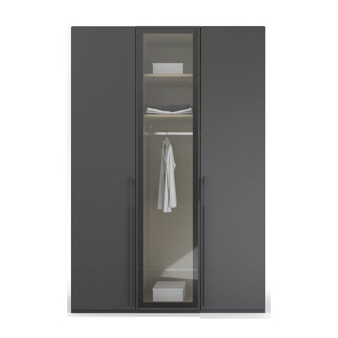 Rauch Kacey 3 Door Wardrobe, Middle Glass Door, Size: Width 150 Height 223cm or 235cm Depth 60 cm, a perfect Gents wardrobe Modern Look Black Colour - Front View View