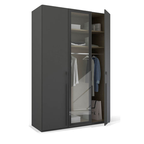 Rauch Kacey 3 Door Wardrobe, Middle Glass Door, Size: Width 150 Height 223cm or 235cm Depth 60 cm, a perfect Gents wardrobe Modern Look Black Colour - Open Door Side View