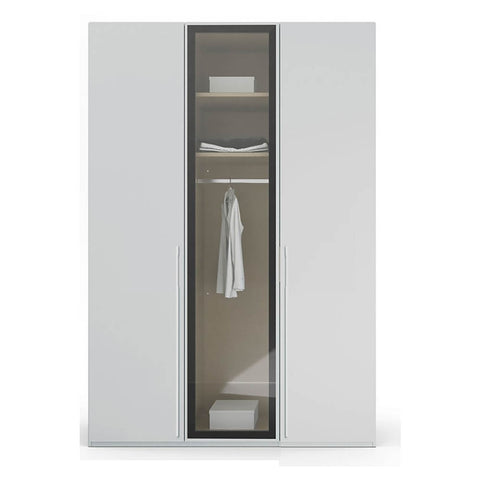 Kacey Flat Pack 3 Door Wardrobe, Middle Glass Door, Size: Width 150 Height 223cm or 235cm Depth 60 cm, a perfect Gents wardrobe Modern Look Grey Colour - - Front View