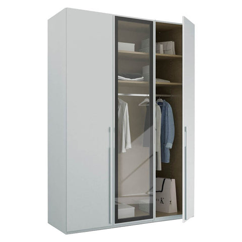 Kacey Flat Pack 3 Door Wardrobe, Middle Glass Door, Size: Width 150 Height 223cm or 235cm Depth 60 cm, a perfect Gents wardrobe Modern Look Grey Colour - Open Door Side View