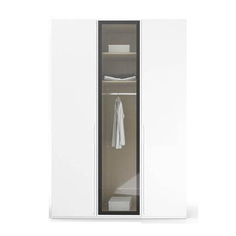 Kacey White 3 Door Wardrobe, Middle Glass Door, Size: Width 150 Height 223cm or 235cm Depth 60 cm, a perfect Gents wardrobe Modern Look - Front View