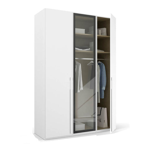 Kacey White 3 Door Wardrobe, Middle Glass Door, Size: Width 150 Height 223cm or 235cm Depth 60 cm, a perfect Gents wardrobe Modern Look - open door Side View