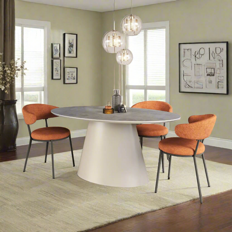 Ria 160cm Oval Light Grey Melamine Dining Table Set, also available in a Round table - Lifestyle Image with Orange Dining Chairs