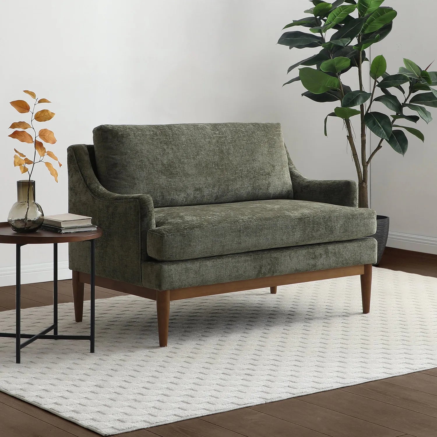 Rihanna Olive Chenille Upholstered Loveseat with Wood Base