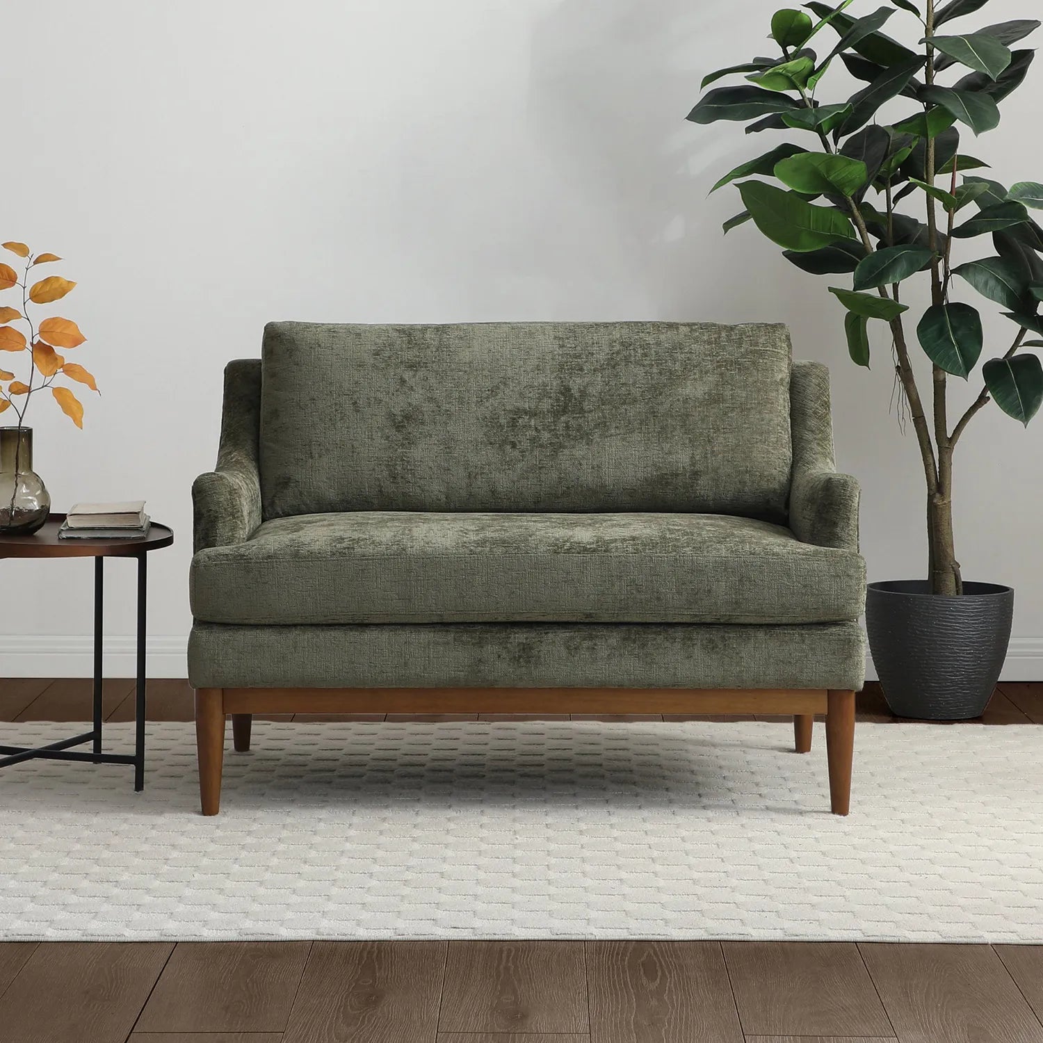 Rihanna Olive Chenille Upholstered Loveseat with Wood Base