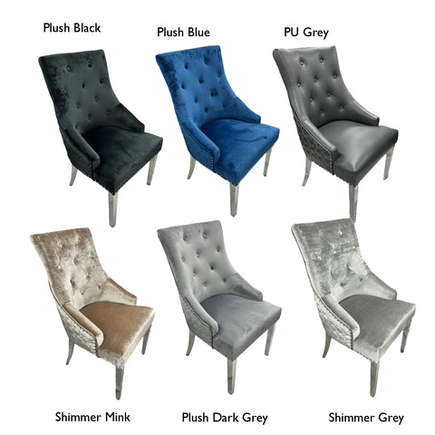 Roma Lion Knockerback Dining Chairs, Available in Black Plush velvet, Blue Plush velvet, Grey Plush Velvet, PU Grey Leather, Grey Shimmer and Mink Shimmer Fabric