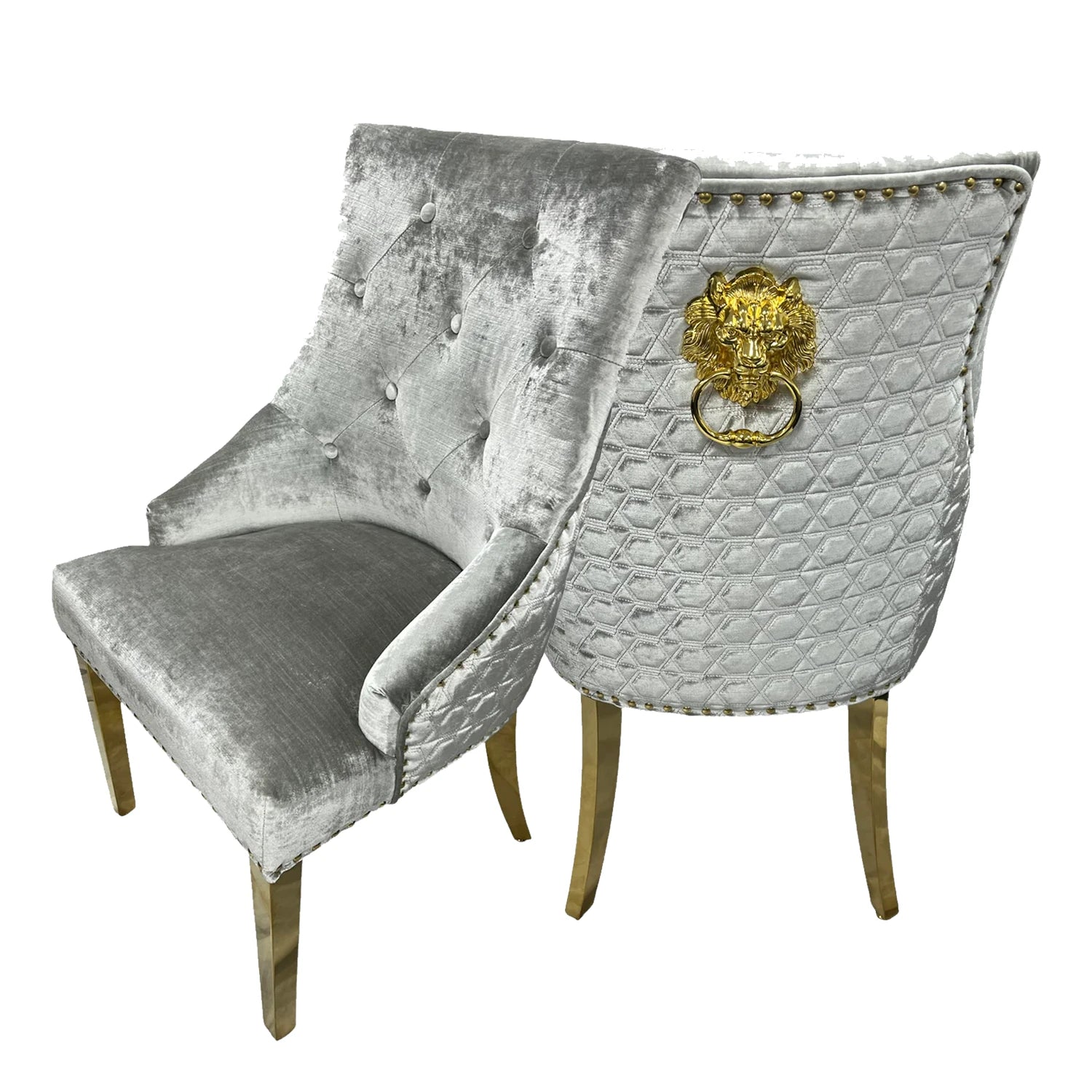 Roma Grey Shimmer Dining Chairs with Gold Legs and Lion Knocker