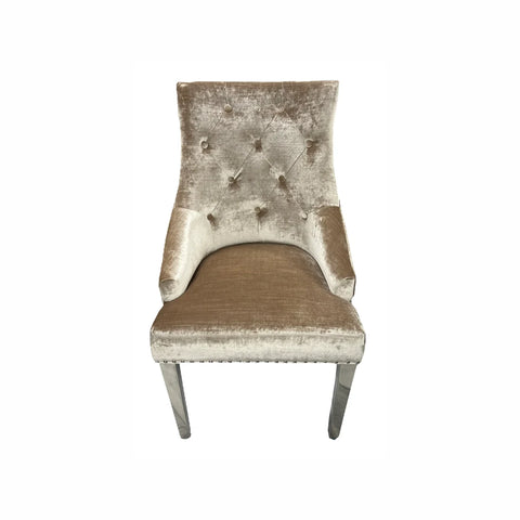 Roma Mink Velvet Lion Knocker Back Set of 4 Dining Chairs, also available in Grey, Black and Grey PU - Front View of Chair 