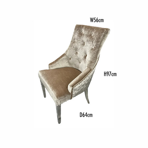 Roma Mink Velvet Lion Knocker Back Set of 4 Dining Chairs, also available in Grey, Black and Grey PU - Dimensions 