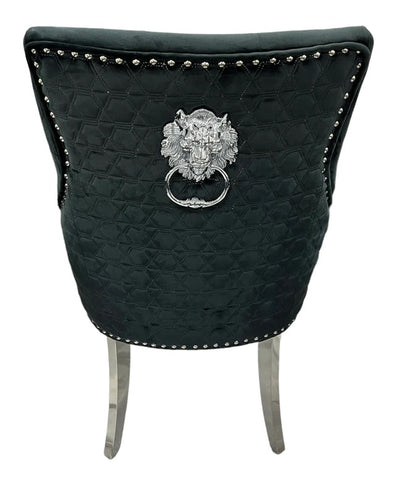 Roma Black Velvet Fabric Lion Knockerback Dining Chairs with chrome legs