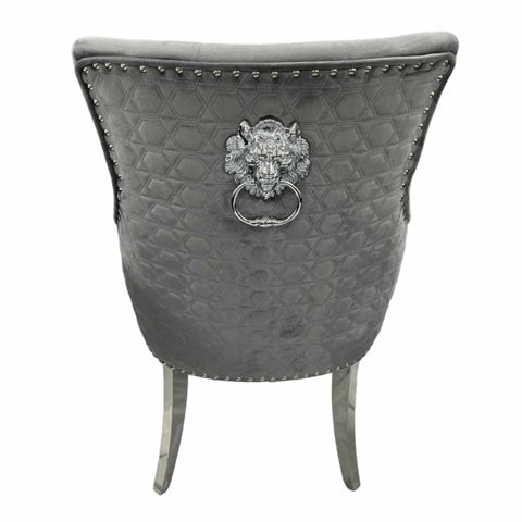 Roma Grey Velvet Fabric Lion Knockerback Dining Chairs with chrome legs