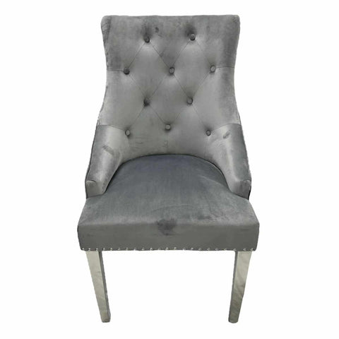 Roma Dark Grey Velvet Lion Knocker Back Set of 4 Dining Chairs