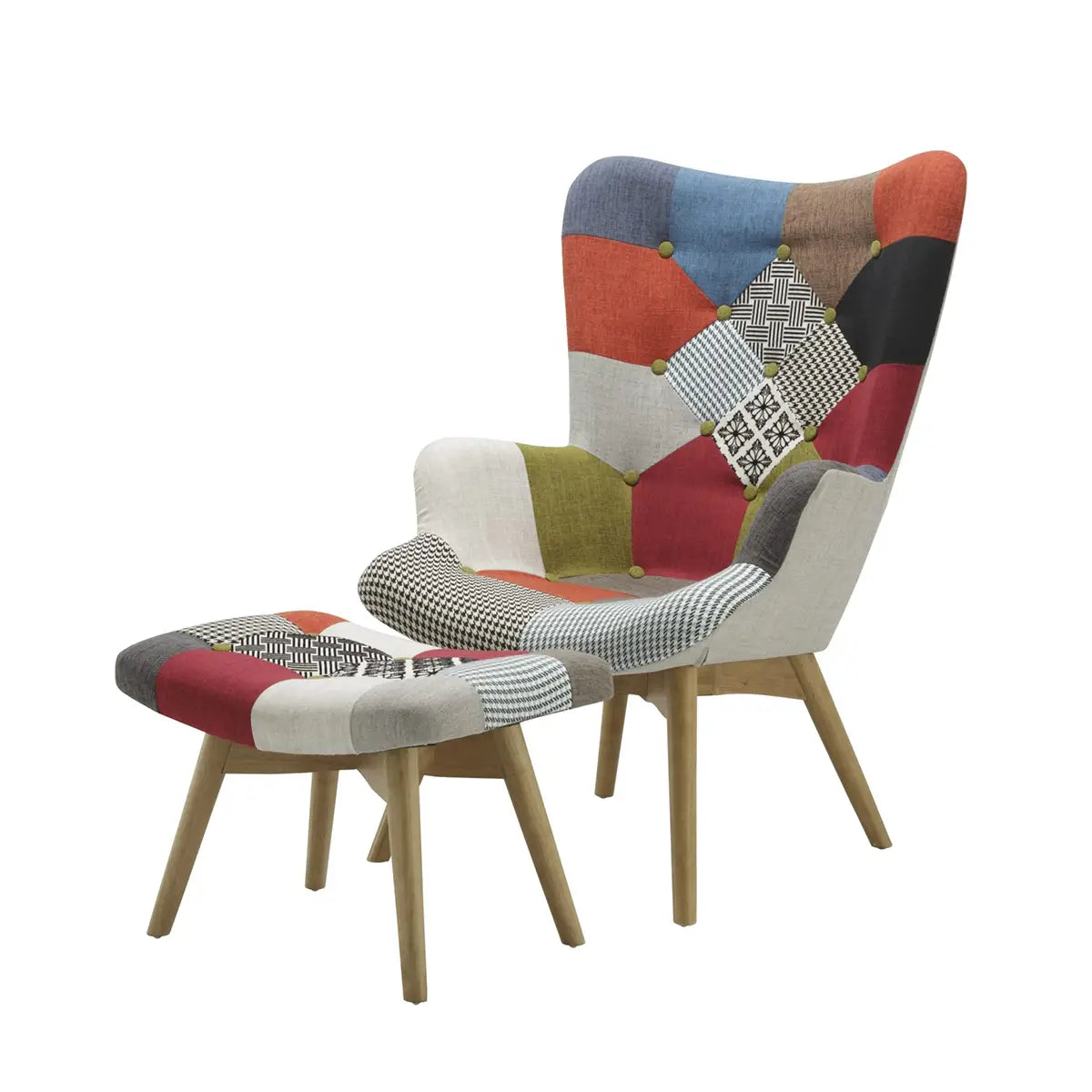 Edward Patchwork Multicolour Accent Living Room Chair with Stool