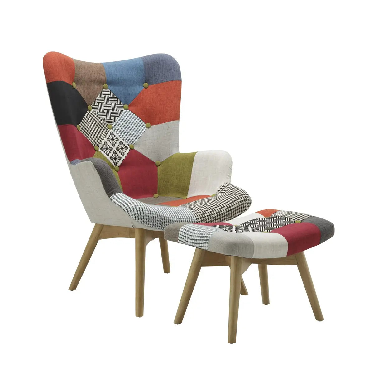 Edward Patchwork Multicolour Accent Living Room Chair with Stool