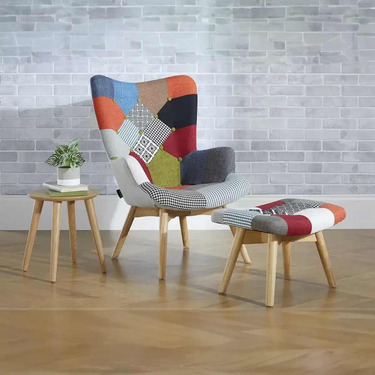 Edward Patchwork Multicolour Accent Living Room Chair with Stool