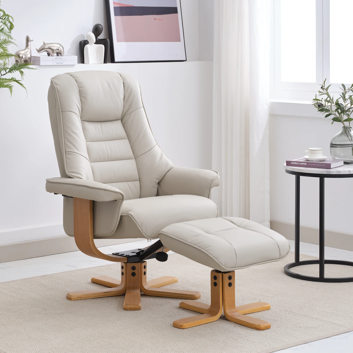 Scandi Faux Leather Swivel Recliner Chair and Footstool also available Cinder, Olive Green and Petrol Blue. Choose from a variety of Fabric colours - Lifestyle Image 