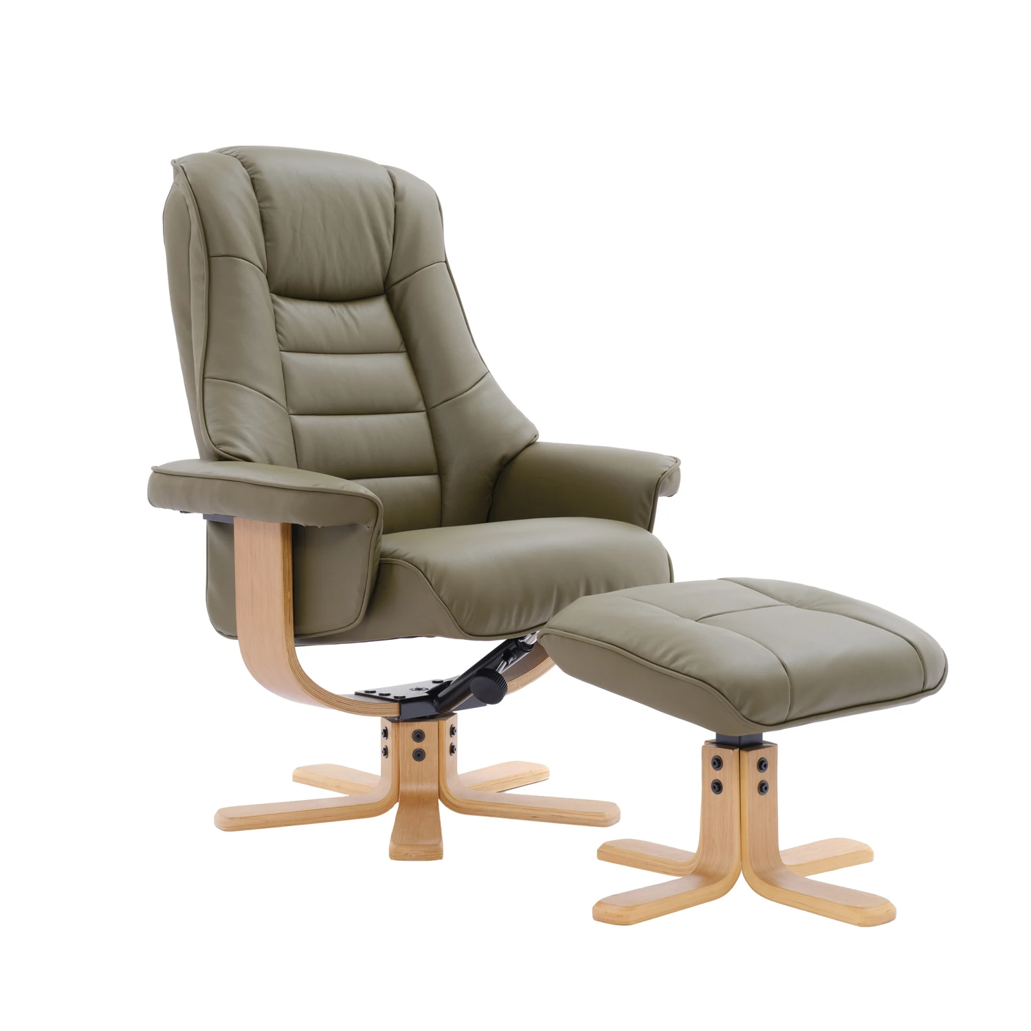 Scandi Faux Leather Swivel Recliner Chair and Footstool also available Cinder, Olive Green and Petrol Blue. Choose from a variety of Fabric colours - Olive Green Recliner 