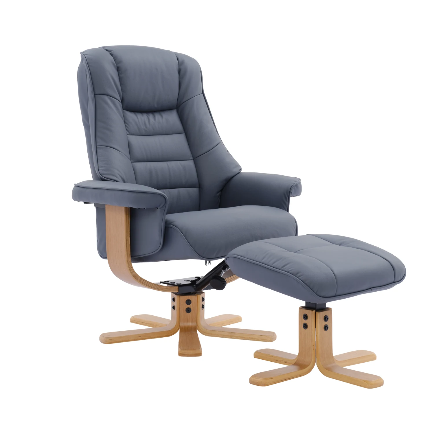 Scandi Faux Leather Swivel Recliner Chair and Footstool also available Cinder, Olive Green and Petrol Blue. Choose from a variety of Fabric colours - Petrol Blue Recliner  