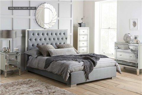 Gloucester Bed: A luxurious retreat with opulent gold or chrome trimmings, upholstered in Black or Grey Plush Velvet Fabric. Meticulously crafted for comfort and elegance, available in Double or King Size for a perfect blend of style and sophistication. - 013