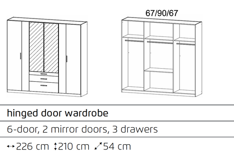 Rauch Mosbach 6 Door White & Oak Wardrobe with Mirror and Drawers Width 226cm height 210cm and Depth 54cm - Dimensions and Interior Details