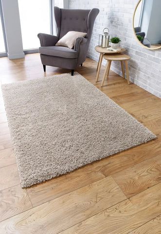 Serene Shaggy Soft Plain Rug, available in Charcoal, Cream, Grey, Gold, Beige, Pink, Red and Sage Green. Available in 5 sizes - Lifestyle Image - Light Beige