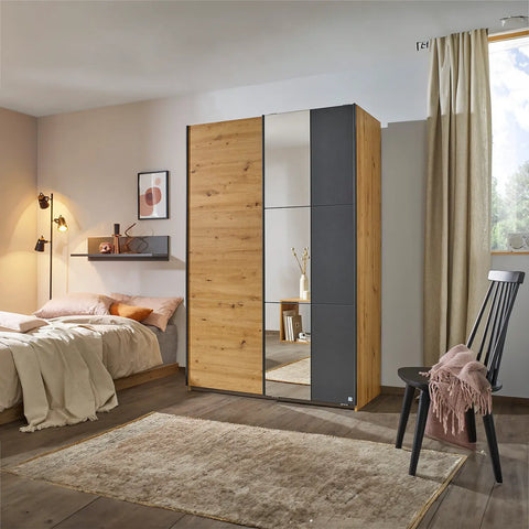 Rauch Smart Small Artisan Oak and Metallic Grey Sliding Door Wardrobe, Dimensions: Width 131cm Height 197cm Depth 59 cm, Free Delivery and Assembly By Pendle Village Furniture - 002