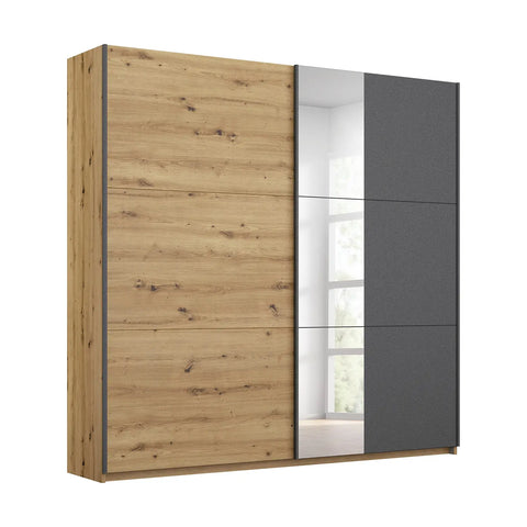 Rauch Smart Small Artisan Oak and Metallic Grey Sliding Door Wardrobe, Dimensions: Width 175cm Height 197cm Depth 59 cm, Free Delivery and Assembly By Pendle Village Furniture - 001