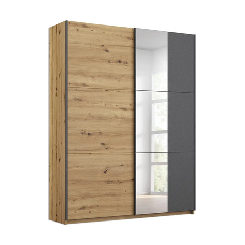 Rauch Smart Small Artisan Oak and Metallic Grey Sliding Door Wardrobe, Dimensions: Width 131cm Height 197cm Depth 59 cm, Free Delivery and Assembly By Pendle Village Furniture - 001