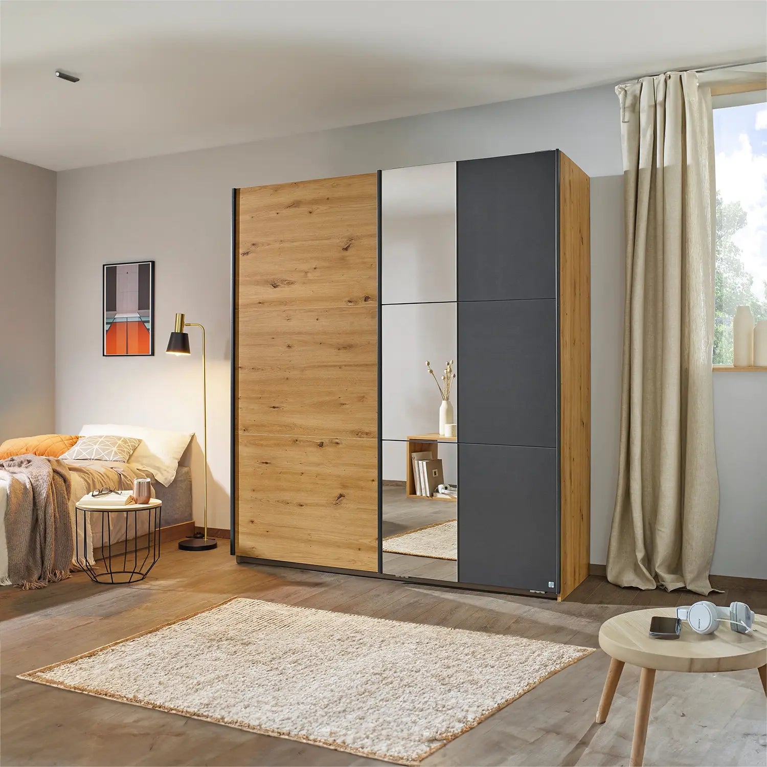 Smart Small Artisan Oak & Metallic Grey Sliding Door Wardrobe