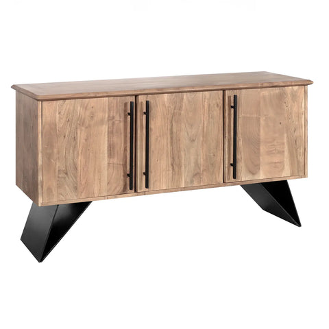 Lucio 3 Door Sideboard, wood with black angular base and handles. Matching Furniture Available - Angled Image of Sideboard 