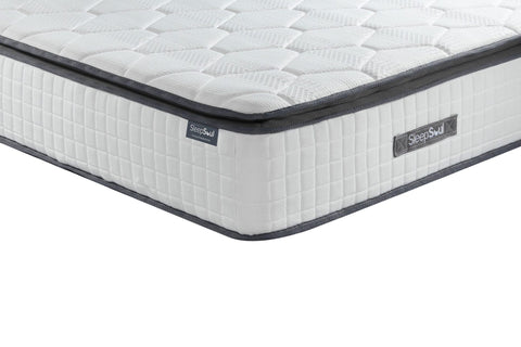 SleepSoul Bliss 800 Pocket Memory Pillow Top Mattress – Experience unparalleled comfort with three layers of plush foam, anti-roll technology, and 800 individual pocket springs. Elevate your sleep to pure bliss. Available in Single, Double, King, and Super King Size. - Angled View