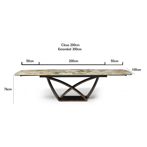 Sorrento 2m to 3m Matt Ivory & Emerald Vein Italian Ceramic Double Extending Dining Table  - Dimensions