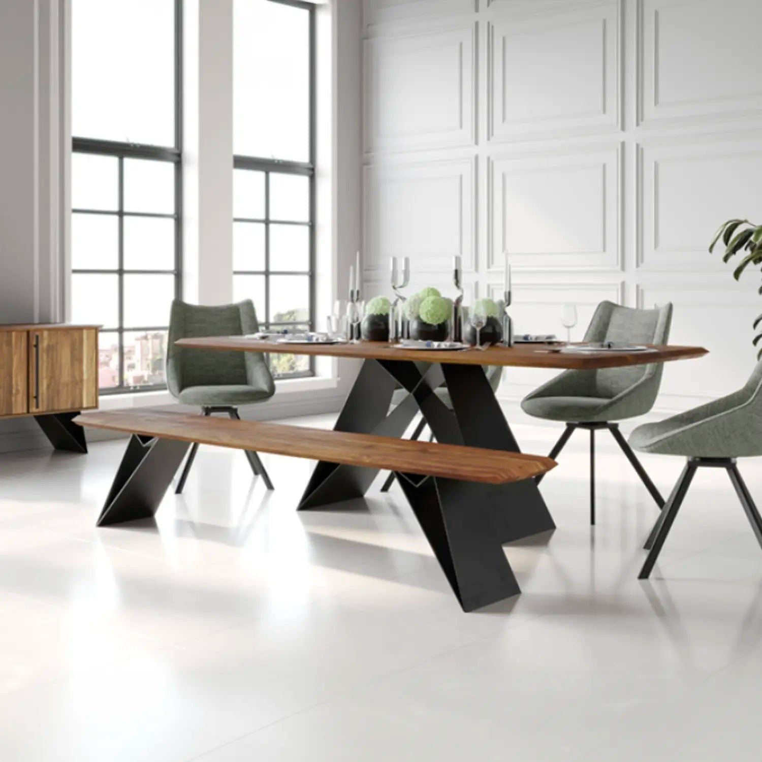 Lucio 170cm Dining Table with 150cm Dining Bench and 2 Grey Dining Chairs