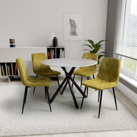 Grey Granite effect Round Dining Table with 4 Brushed Velvet Yellow Chairs. Chairs also available in Grey-Lifestyle image