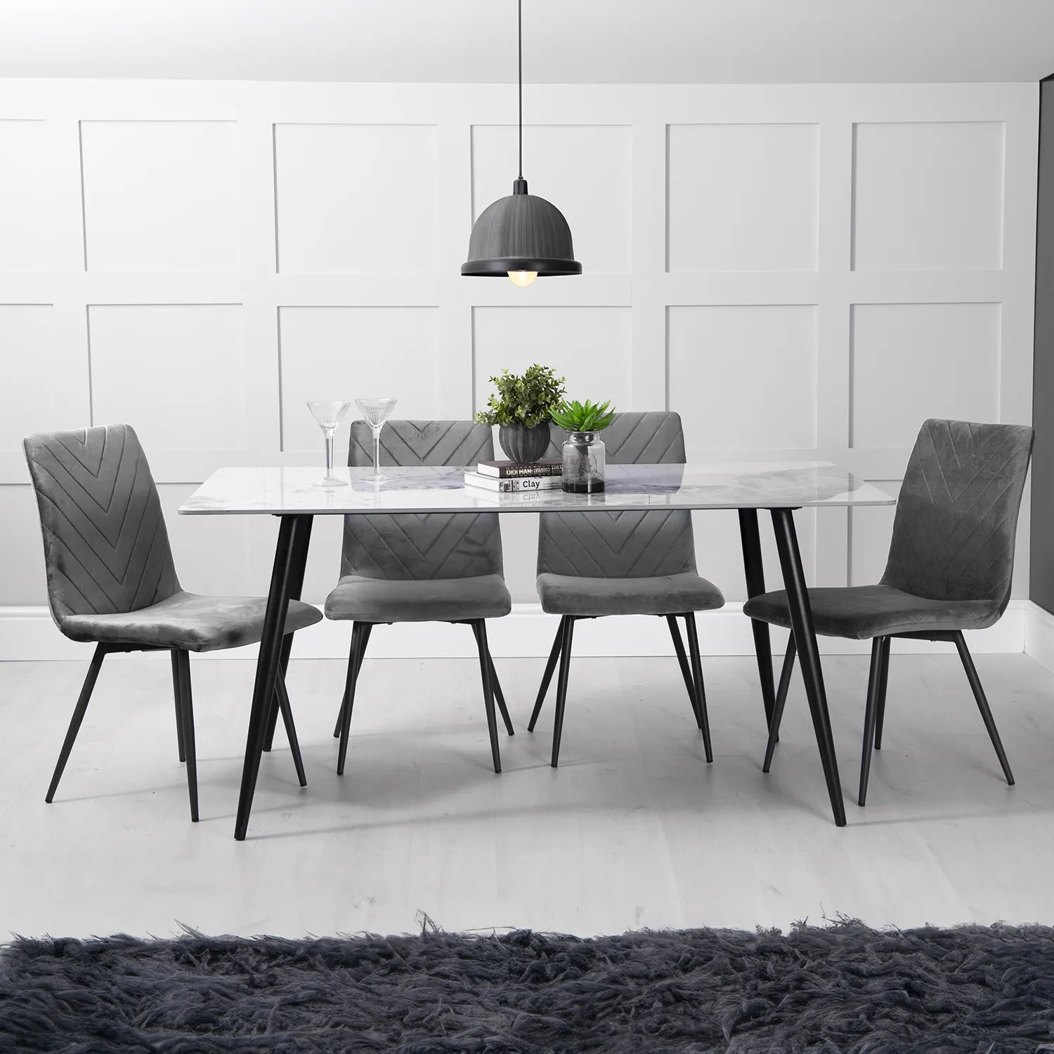 Theo 1.6M White Sintered Stone Dining Table with 4 Chairs