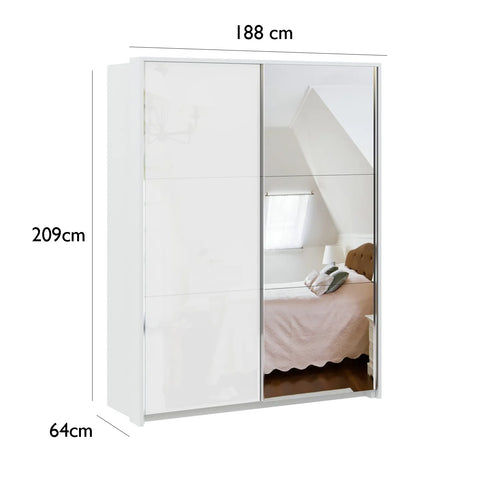 Lumea White Glass & Mirror Sliding Door Wardrobe with Passepartout Frame - Dimensions