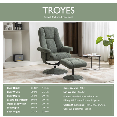 Troyes Fabric High-Back 360 Swivel Chair and Footstool, elephant - 007