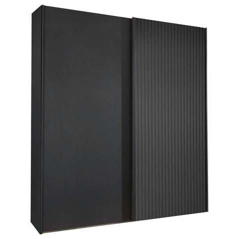 Tulsa 2 Door Black Sliding Door Wardrobe showcased in graphite colour with a slated structure door. Modern design with free delivery and assembly by Wiemann. - 001