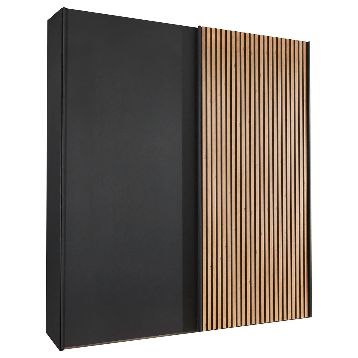 Tulsa 2 Door Black Sliding Door Wardrobe showcased in graphite colour with a Bianco Oak slated structure door. Modern design with free delivery and assembly by Wiemann. - 001