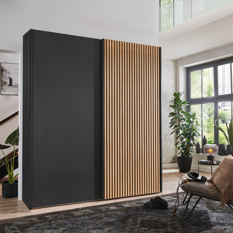 Tulsa 2 Door Black Sliding Door Wardrobe showcased in graphite colour with a Bianco Oak slated structure door. Modern design with free delivery and assembly by Wiemann. - 002