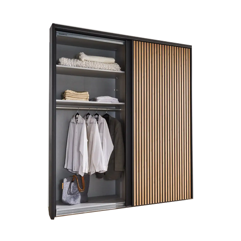 Tulsa 2 Door Black Sliding Door Wardrobe showcased in graphite colour with a slated structure door. Modern design with free delivery and assembly by Wiemann. - Interior Details