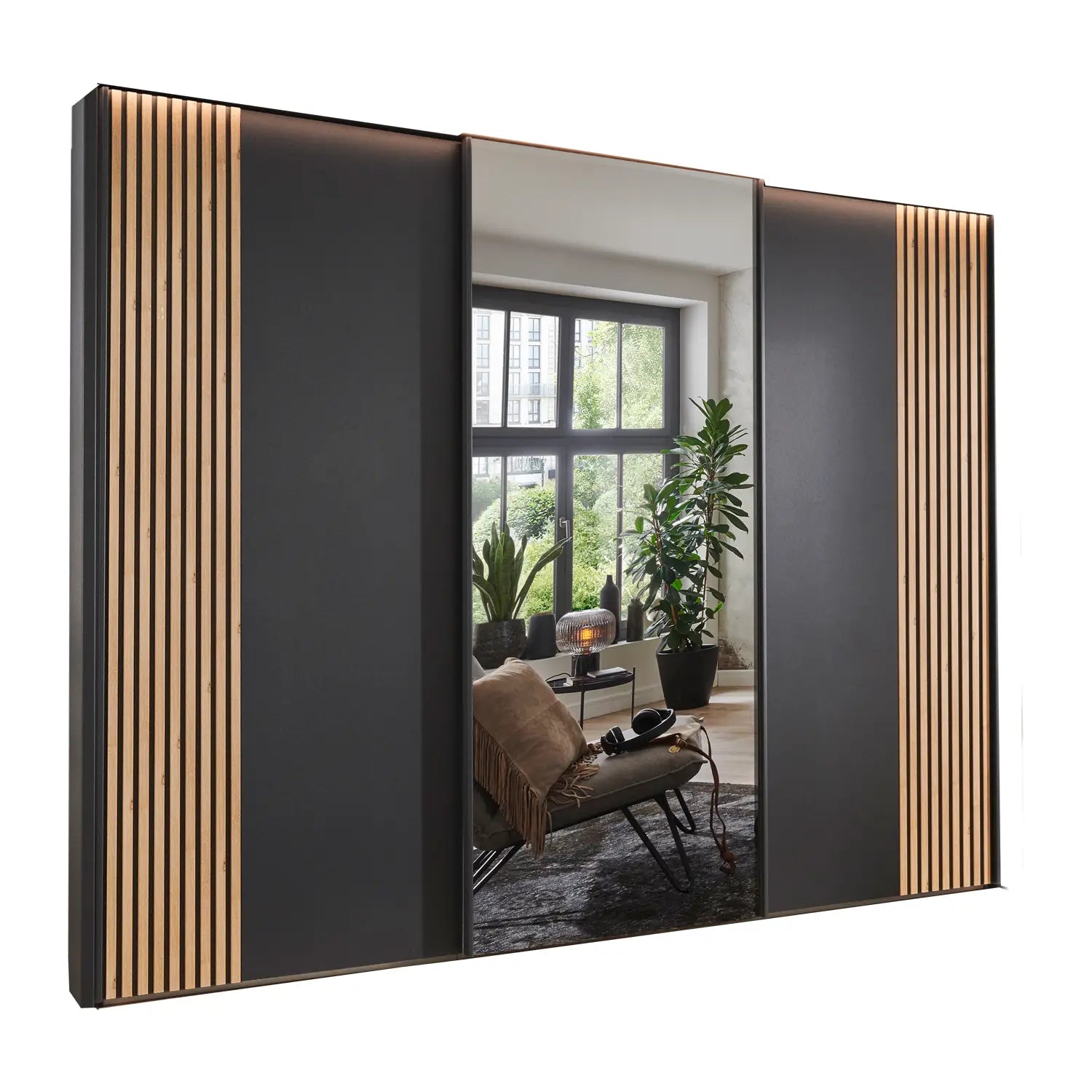 Tulsa 3 Door Graphite Sliding Door Wardrobe with Oak Decking and Mirror