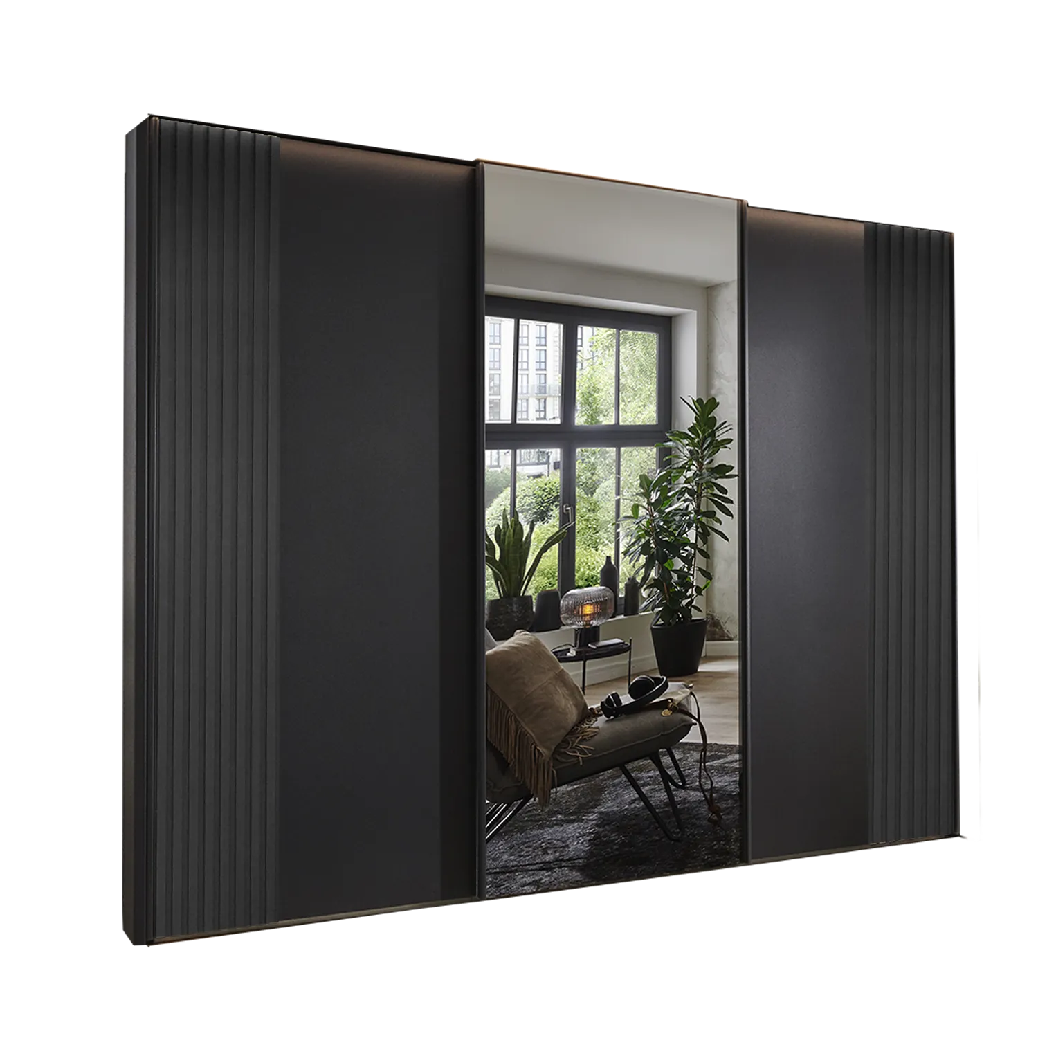 Tulsa 3 Door Graphite Sliding Door Wardrobe with Oak Decking and Mirror