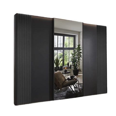 Tulsa Black Sliding Door Wardrobe with Decking and Middle Mirror 