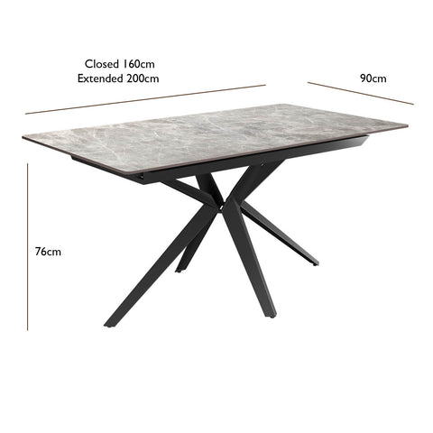 Lina 160-200cm Grey Gloss Ceramic Extending Dining Table, also available in White - Dimensions 